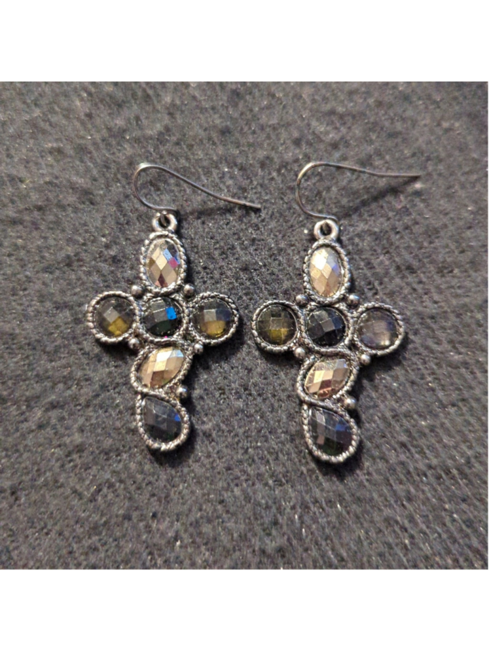 Gunmetal Black Brown Rhinestone Cross Statement Earrings